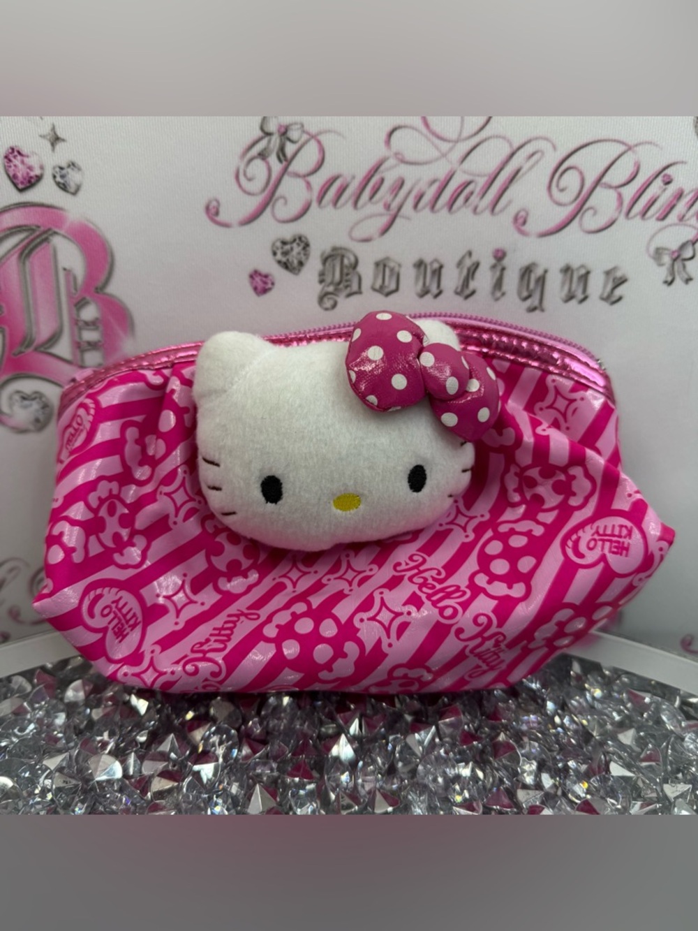 Hello Kitty bag makeup plush White Plush Face Pink Polka Dot Bow Cosmetic Pouch